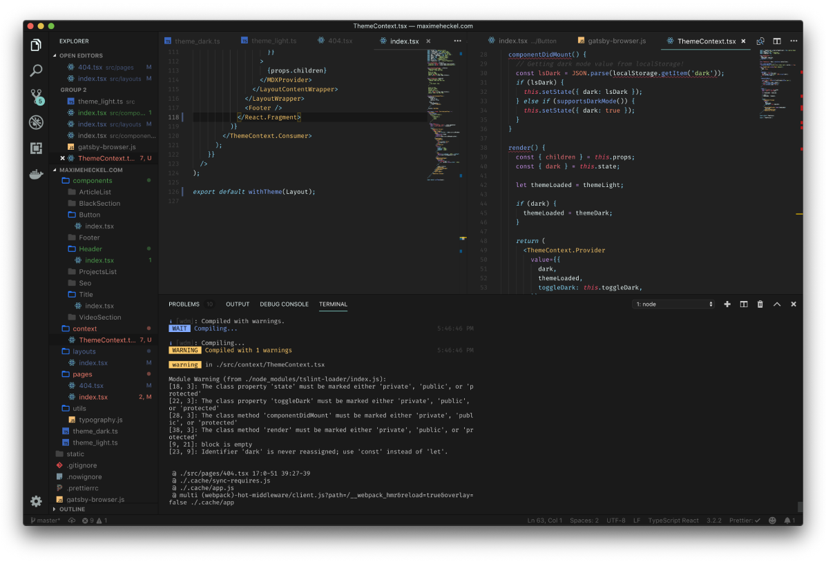 Here we can see VSCode highlighting the tslint issues as well as the gatsby cli showing the warnings in the terminal