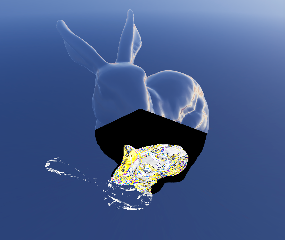 Screenshot showcasing rendering issue of one early attempt at caustics when the plane was viewed through MeshTransmissionMaterial