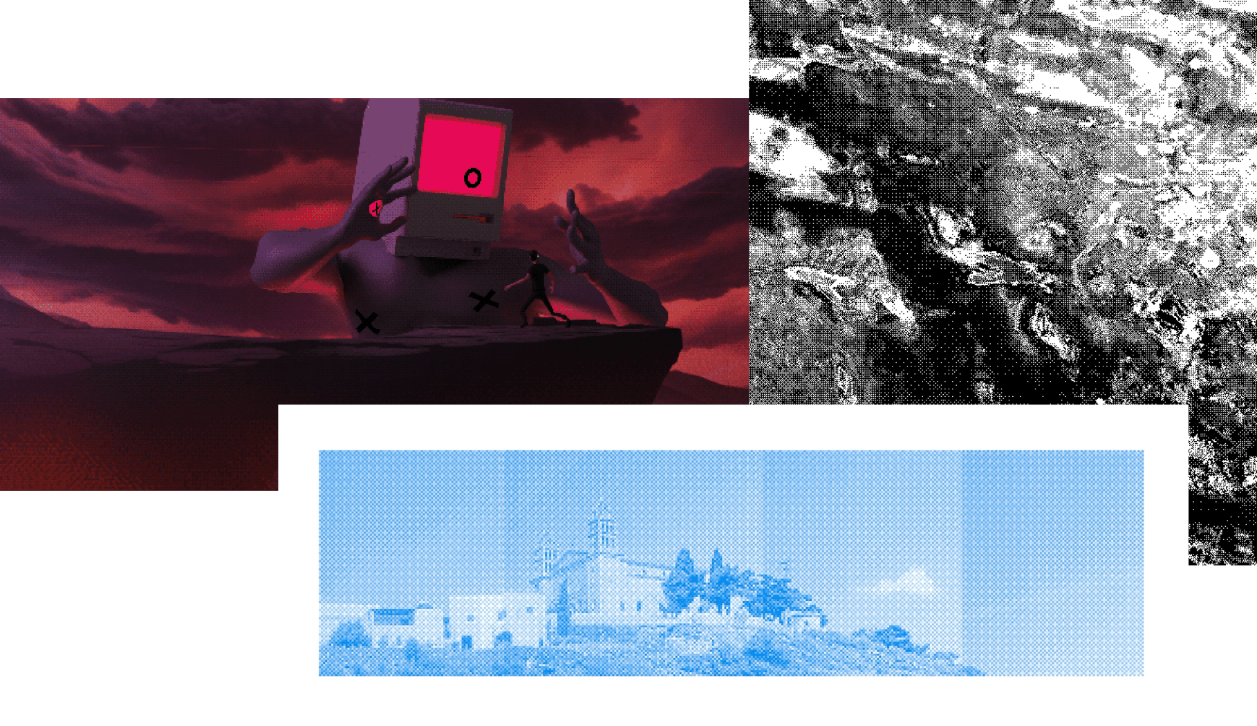 Examples of beautifully executed dithering art from left to right by Basement Studio, @aweusmeuh, and @loackme_