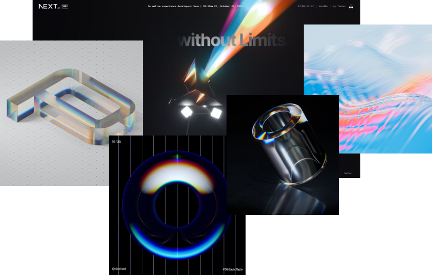 Examples of dispersion effects by the Vercel Team, Davo Galavotti, and many other artists