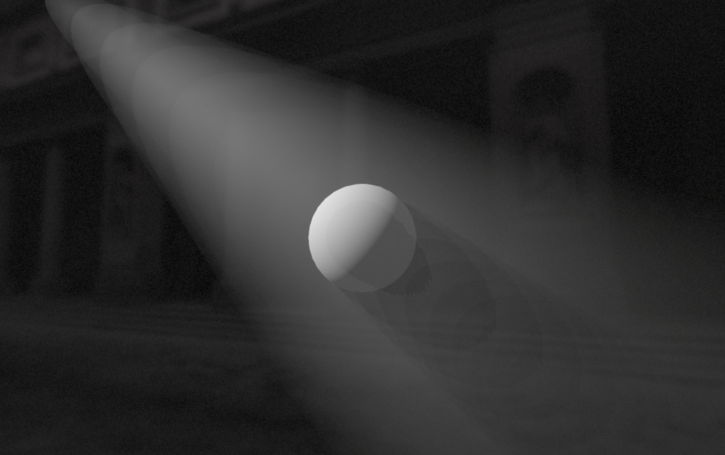 Screenshot of our scene where the step size was reduced, yielding some visible banding for our volumetric light.