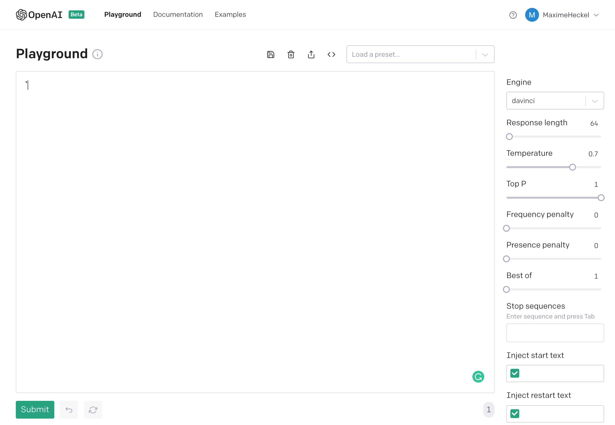 Screenshot of the OpenAI playground showcasing on the left the prompt, and on the right the different settings for it