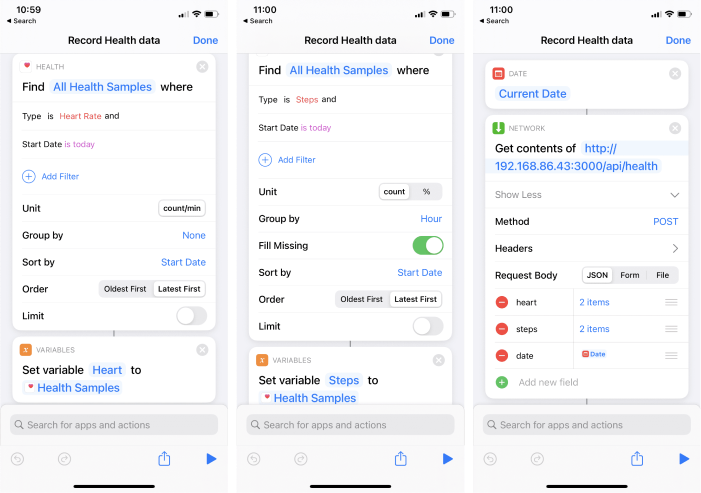 Screenshots of the Shortcuts app editor showcasing the different steps executed when running the shortcut described below
